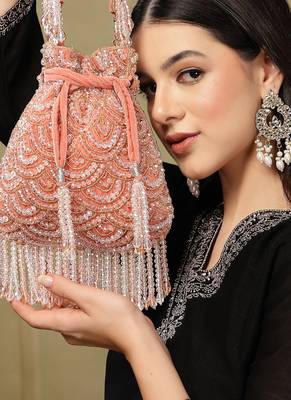 crystal cascade coral pink & gold scalloped embellsihed velvet potli 2