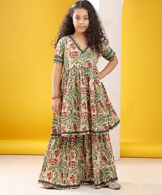 Beige green multicolor floral printed cotton sharara set 1