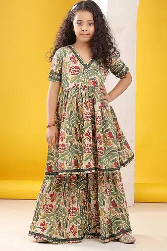 Beige green multicolor floral printed cotton sharara set