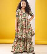 Beige green multicolor floral printed cotton sharara set