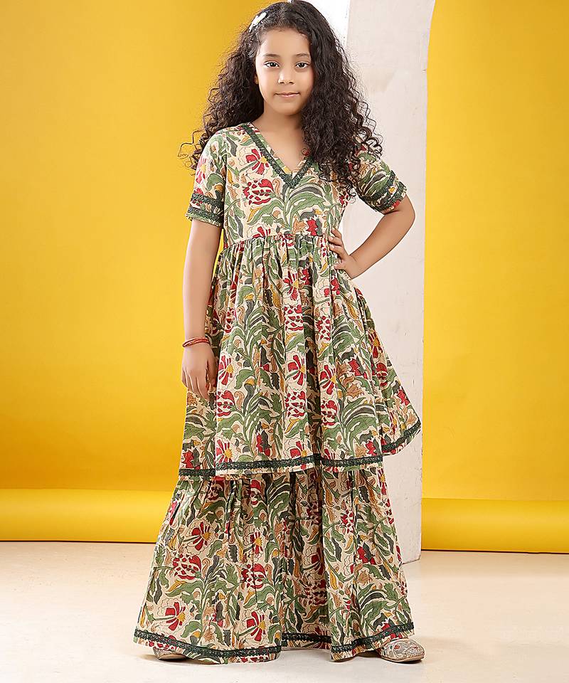 Beige green multicolor floral printed cotton sharara set