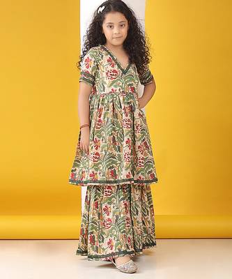 Beige green multicolor floral printed cotton sharara set 2