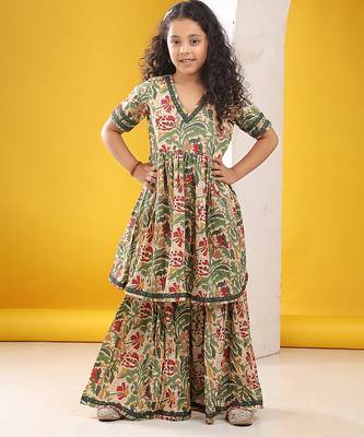 Beige green multicolor floral printed cotton sharara set 3