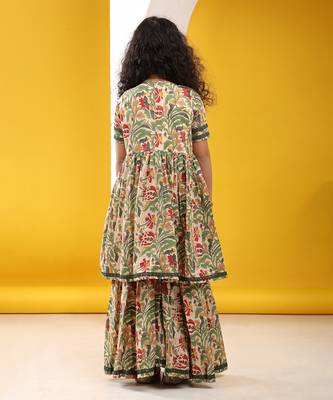 Beige green multicolor floral printed cotton sharara set 4