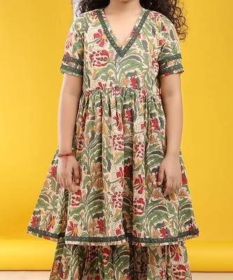 Beige green multicolor floral printed cotton sharara set 5