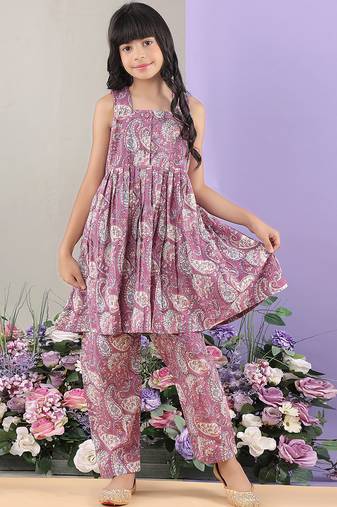 Mauve paisley printed cotton tunic kurti and trouser set