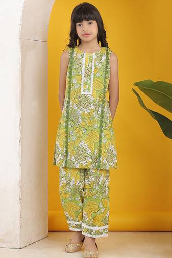 Olive green yellow floral printed cotton kurti and trouser set