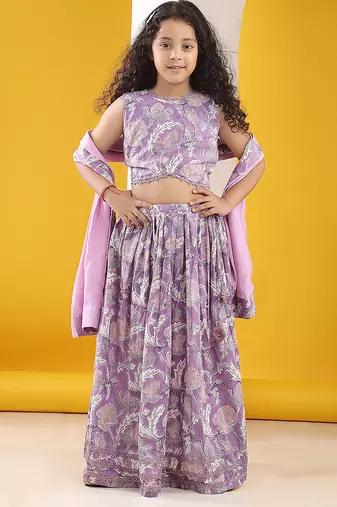 Lilac handblock printed top and lehanga set with dupatta