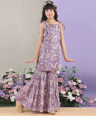 Lavender floral printed cotton tie up kurti and sharara set 1