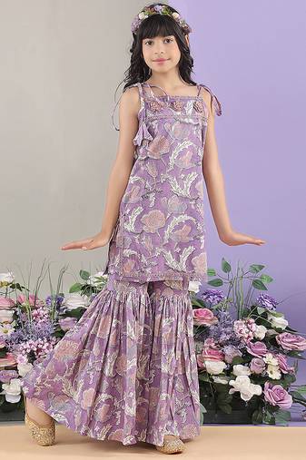 Lavender floral printed cotton tie up kurti and sharara set