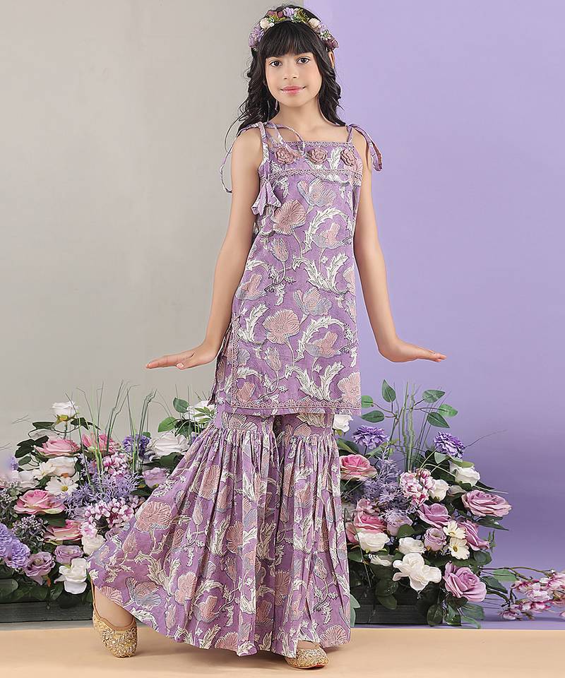 Lavender floral printed cotton tie up kurti and sharara set