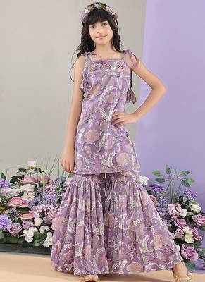 Lavender floral printed cotton tie up kurti and sharara set 3