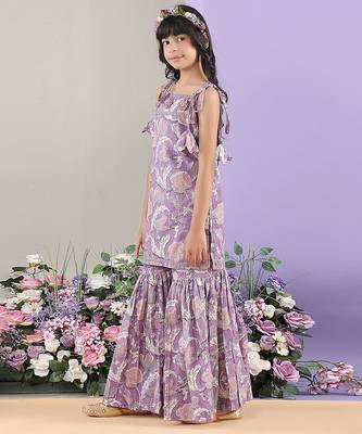 Lavender floral printed cotton tie up kurti and sharara set 4