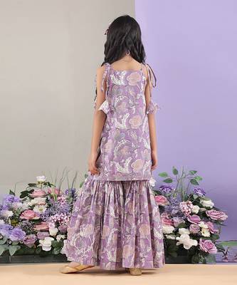 Lavender floral printed cotton tie up kurti and sharara set 5