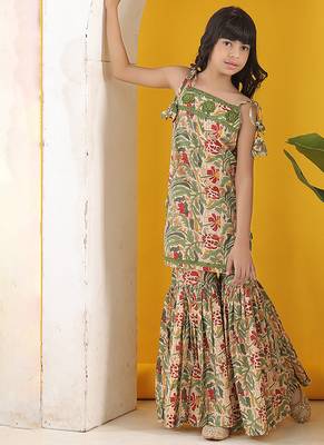 Beige green multicolor floral printed cotton tie up kurti and sharara set 1