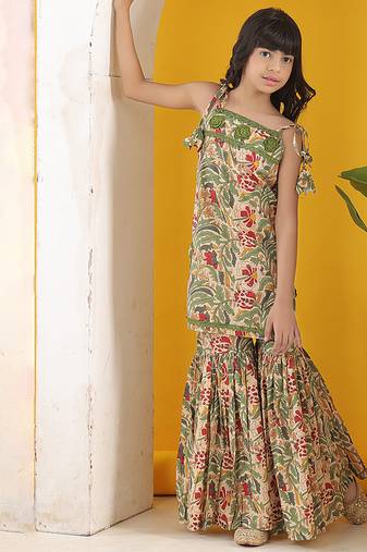 Beige green multicolor floral printed cotton tie up kurti and sharara set
