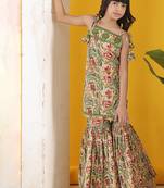 Beige green multicolor floral printed cotton tie up kurti and sharara set
