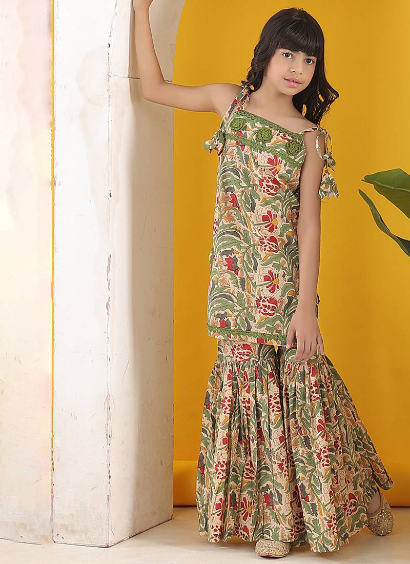 Beige green multicolor floral printed cotton tie up kurti and sharara set