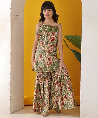 Beige green multicolor floral printed cotton tie up kurti and sharara set 2