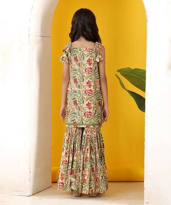 Beige green multicolor floral printed cotton tie up kurti and sharara set 4