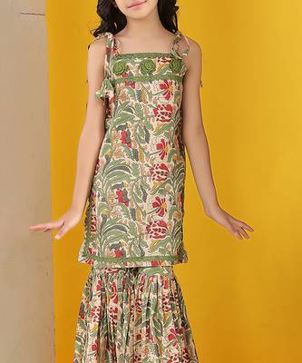 Beige green multicolor floral printed cotton tie up kurti and sharara set 5