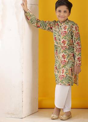Beige and green kurta with white pajama 1