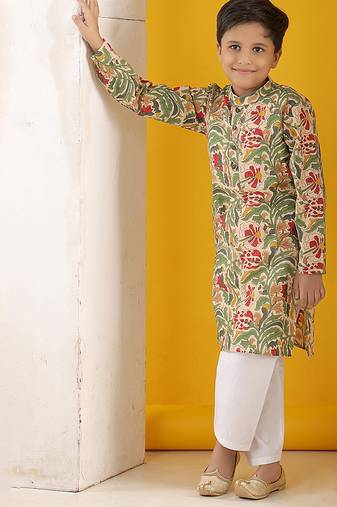 Beige and green kurta with white pajama