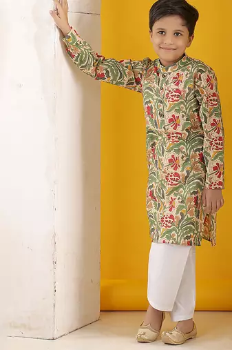 Beige and green kurta with white pajama
