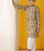 Beige and green kurta with white pajama