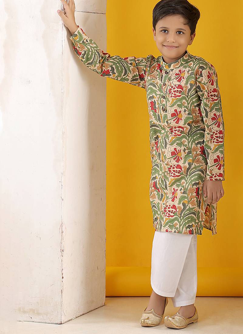 Beige and green kurta with white pajama