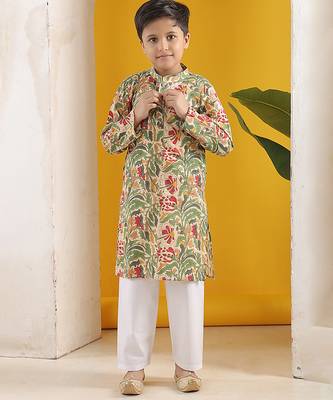 Beige and green kurta with white pajama 2