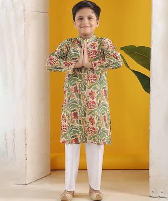 Beige and green kurta with white pajama 3