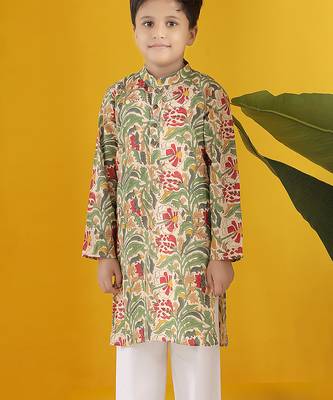 Beige and green kurta with white pajama 5
