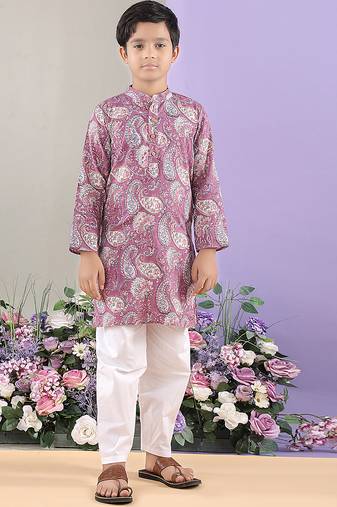 Mauve paisley printed cotton kurta with white pajama
