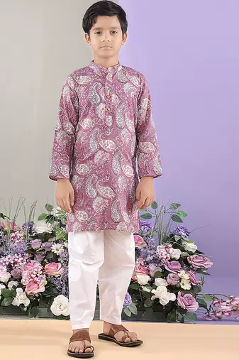 Mauve paisley printed cotton kurta with white pajama