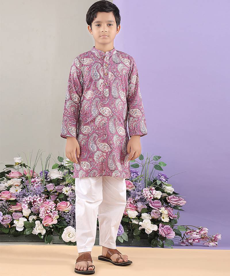 Mauve paisley printed cotton kurta with white pajama