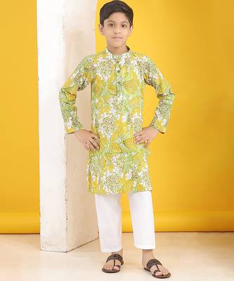 Olive green yellow floral printed cotton kurta pajama set 1