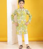 Olive green yellow floral printed cotton kurta pajama set