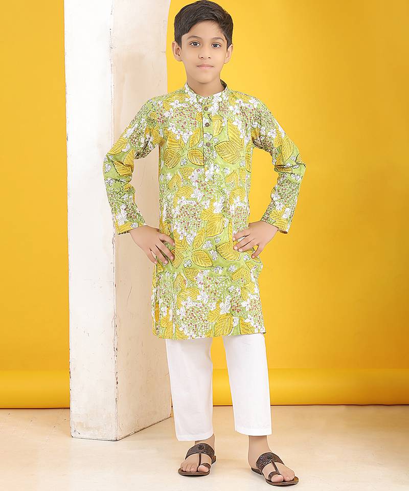Olive green yellow floral printed cotton kurta pajama set