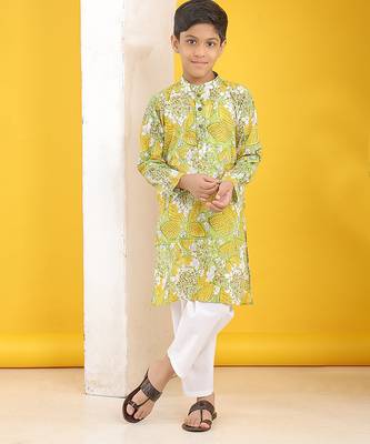 Olive green yellow floral printed cotton kurta pajama set 2