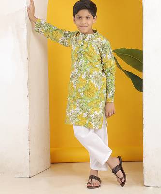 Olive green yellow floral printed cotton kurta pajama set 3
