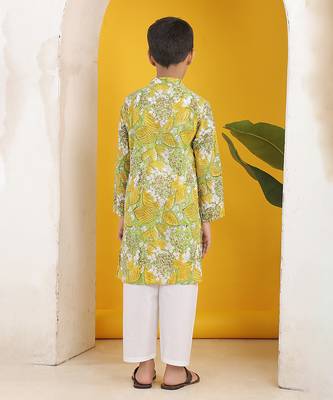 Olive green yellow floral printed cotton kurta pajama set 4