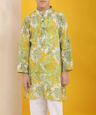 Olive green yellow floral printed cotton kurta pajama set 5