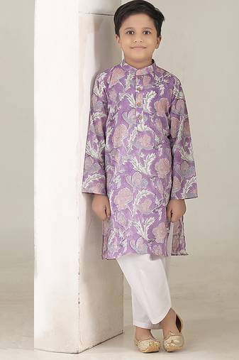 Lavender floral printed cotton kurta pajama set