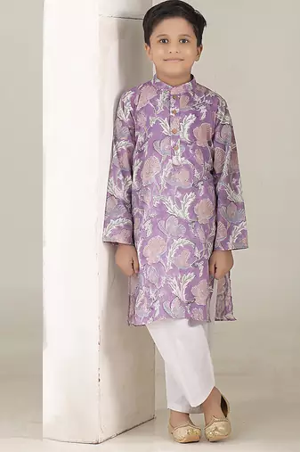 Lavender floral printed cotton kurta pajama set