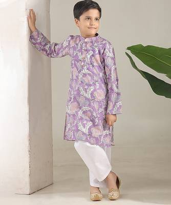 Lavender floral printed cotton kurta pajama set 3