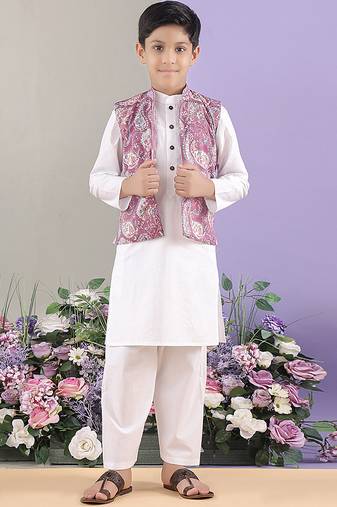 Mauve paisley printed cotton nehru jacket with white kurta pajama set