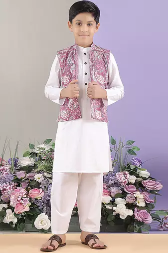 Mauve paisley printed cotton nehru jacket with white kurta pajama set