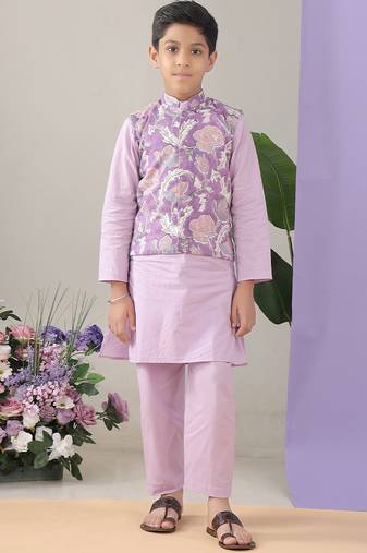 Lavender floral printed cotton kurta pajama set with nehru jacket