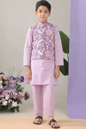 Lavender floral printed cotton kurta pajama set with nehru jacket